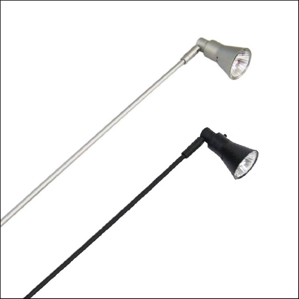 One black and one silver banner stand light, both shown from the side with a long, slender arm and adjustable lamp head