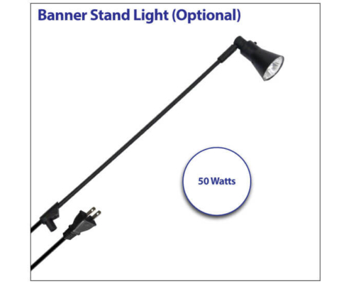 Black banner stand light shown from the side with a long, slender arm, adjustable lamp head, visible power cord, and 50 watt label displayed in the image