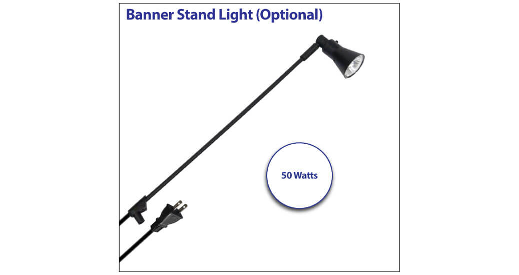 Black banner stand light shown from the side with a long, slender arm, adjustable lamp head, visible power cord, and 50 watt label displayed in the image
