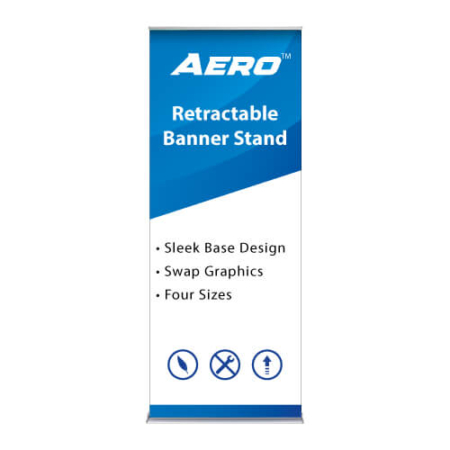 Aero Retractable Banner Stand shown fully assembled with silver base and a sample graphic displaying the Aero name along with product features such as a sleek base design and tool-free setup