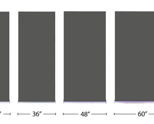 Labeled dimensions for all four Aero retractable banner stands sizes, showing 24" x 90", 36" x 90", 48" x 90", and 60" x 90", with scale reference using an average-height male silhouette.