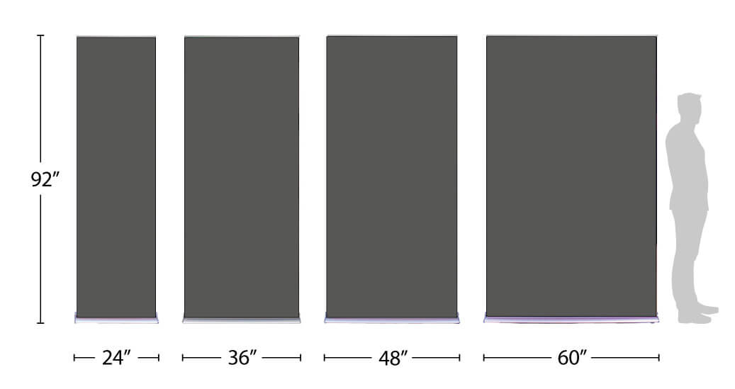 Labeled dimensions for all four Aero retractable banner stands sizes, showing 24" x 90", 36" x 90", 48" x 90", and 60" x 90", with scale reference using an average-height male silhouette.