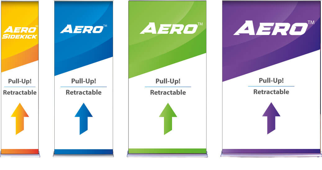 Aero retractable banner stands placed side by side, showing all four widths which are 24", 36", 48", and 60". Each Aero™ is upright with colorful sample trade show graphics and silver bases visible.