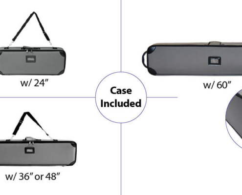airstand-cases Three padded carry cases for the various AirStand™ sizes, each displayed horizontally and shown from the front with visible handles and ID windows. A separate close-up highlights the built-in wheels on one end of the largest case.