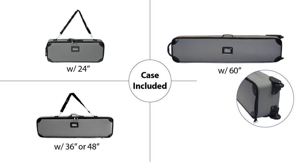 airstand-cases Three padded carry cases for the various AirStand™ sizes, each displayed horizontally and shown from the front with visible handles and ID windows. A separate close-up highlights the built-in wheels on one end of the largest case.