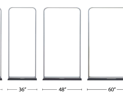 airstand-tension-fabric-banner-stand-dimensions Labeled dimensions for all four AirStand tension fabric banner stand sizes, showing 24" x 90", 36" x 90", 48" x 90", and 60" x 90", with scale reference using an average-height male silhouette.