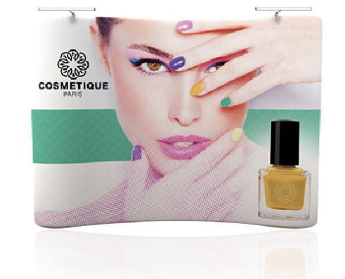 AirWall 10ft x 8ft curved tension fabric trade show display, fully assembled with LED lights and sample trade show graphic in a white studio setting