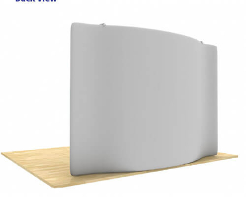 Back view of AirWall 10ft x 8ft curved tension fabric trade show display, fully assembled with LED lights and gray fabric covering the entire back, placed in a 10ft x 10ft space with light wood flooring