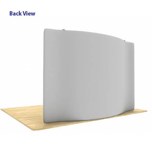 Back view of AirWall 10ft x 8ft curved tension fabric trade show display, fully assembled with LED lights and gray fabric covering the entire back, placed in a 10ft x 10ft space with light wood flooring
