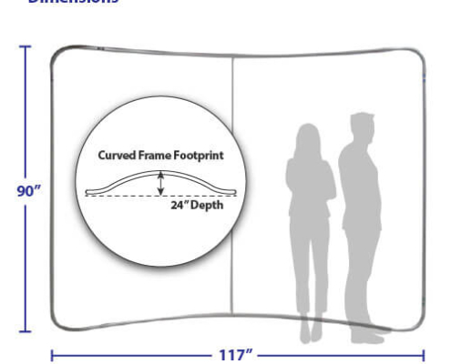 Dimensions for AirWall 10ft x 8ft curved tension fabric trade show display, showing labeled measurements of 117″ width, 90″ height, and 24″ depth, with scale comparison using average-height male and female silhouettes