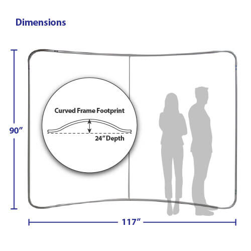 Dimensions for AirWall 10ft x 8ft curved tension fabric trade show display, showing labeled measurements of 117″ width, 90″ height, and 24″ depth, with scale comparison using average-height male and female silhouettes