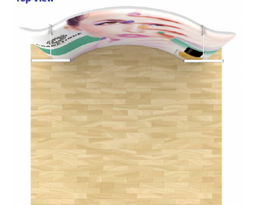 Top view of AirWall 10ft x 8ft curved tension fabric trade show display, fully assembled with LED lights and sample trade show graphic, placed in a 10ft x 10ft space with light wood flooring