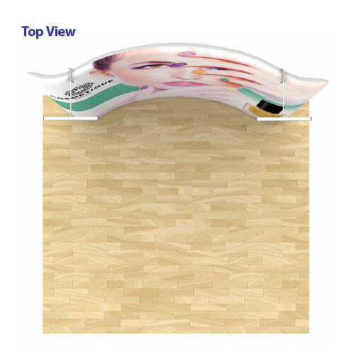 Top view of AirWall 10ft x 8ft curved tension fabric trade show display, fully assembled with LED lights and sample trade show graphic, placed in a 10ft x 10ft space with light wood flooring