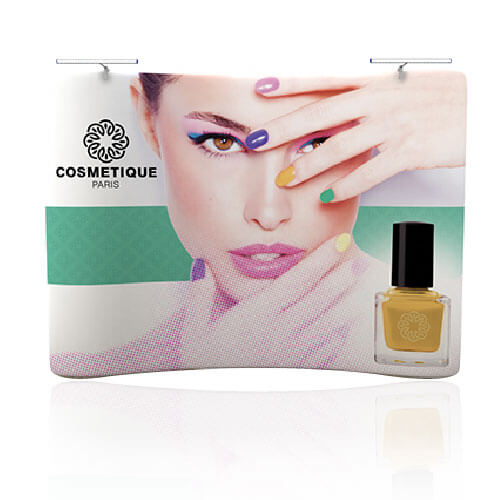 AirWall 10ft x 8ft curved tension fabric trade show display, fully assembled with LED lights and sample trade show graphic in a white studio setting