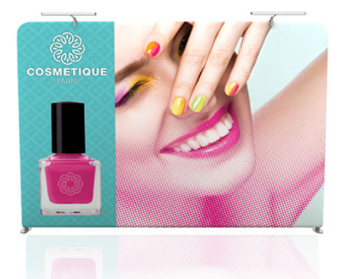 AirWall 10ft x 8ft straight tension fabric trade show display, fully assembled with LED lights, two stabilizer feet, and sample trade show graphic in a white studio setting