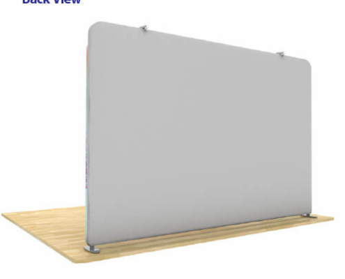 Back view of AirWall 10ft x 8ft tension fabric display with gray fabric, stabilizer feet, and LED light clips visible at top edge