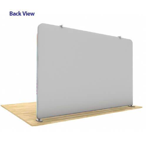 Back view of AirWall 10ft x 8ft tension fabric display with gray fabric, stabilizer feet, and LED light clips visible at top edge