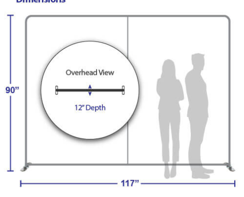 Dimensions for AirWall 10ft x 8ft straight tension fabric trade show display, showing labeled measurements of 117″ width, 90″ height, and 12″ depth, with scale comparison using average-height male and female silhouettes