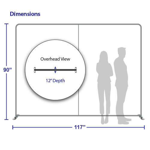 Dimensions for AirWall 10ft x 8ft straight tension fabric trade show display, showing labeled measurements of 117″ width, 90″ height, and 12″ depth, with scale comparison using average-height male and female silhouettes