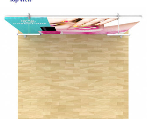 Top view of AirWall 10ft x 8ft straight tension fabric trade show display, fully assembled with LED lights and sample trade show graphic, placed in a 10ft x 10ft space with light wood flooring