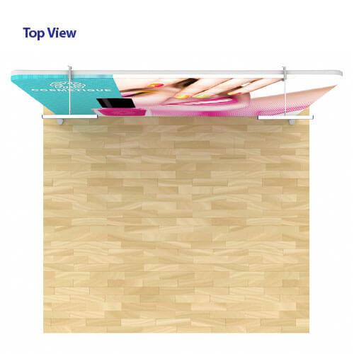 Top view of AirWall 10ft x 8ft straight tension fabric trade show display, fully assembled with LED lights and sample trade show graphic, placed in a 10ft x 10ft space with light wood flooring