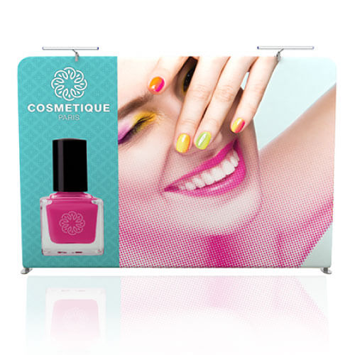 AirWall 10ft x 8ft straight tension fabric trade show display, fully assembled with LED lights, two stabilizer feet, and sample trade show graphic in a white studio setting