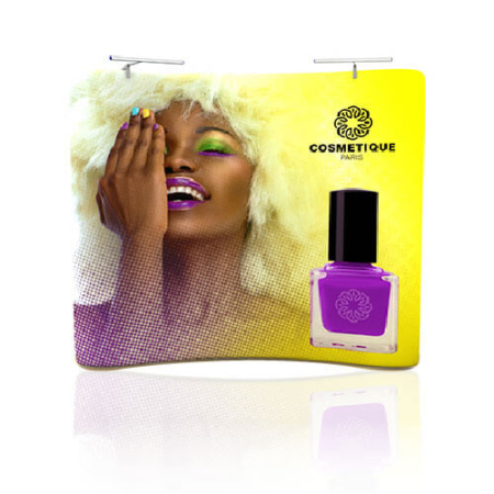 AirWall 8ft x 8ft curved tension fabric trade show display, fully assembled with LED lights and sample trade show graphic in a white studio setting