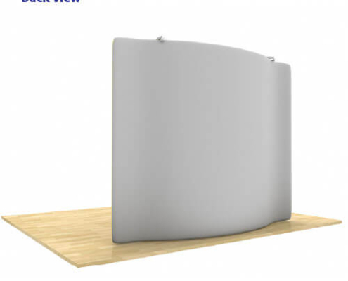 Back view of AirWall 8ft x 8ft curved tension fabric trade show display, fully assembled with LED lights and gray fabric covering the entire back, placed in a 10ft x 10ft space with light wood flooring