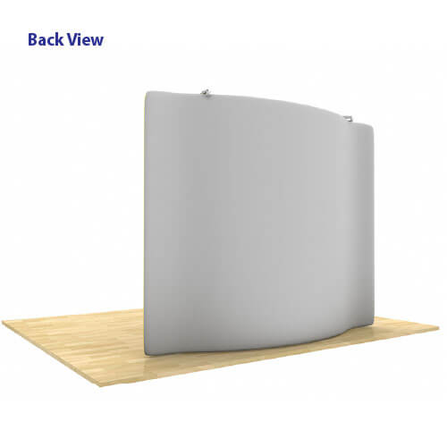 Back view of AirWall 8ft x 8ft curved tension fabric trade show display, fully assembled with LED lights and gray fabric covering the entire back, placed in a 10ft x 10ft space with light wood flooring