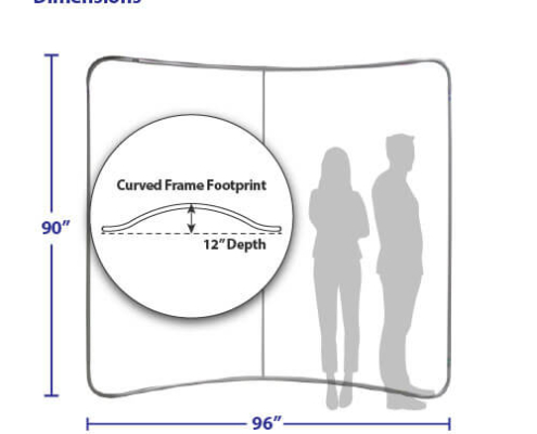 Dimensions for AirWall 8ft x 8ft curved tension fabric trade show display, showing labeled measurements of 96″ width, 90″ height, and 12″ depth, with scale comparison using average-height male and female silhouettes