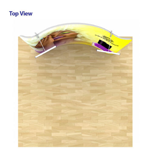 Top view of AirWall 8ft x 8ft curved tension fabric trade show display, fully assembled with LED lights and sample trade show graphic, placed in a 10ft x 10ft space with light wood flooring