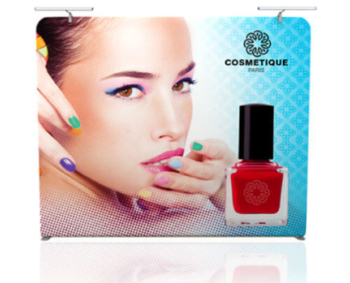 AirWall 8ft x 8ft straight tension fabric trade show display, fully assembled with LED lights, two stabilizer feet, and sample trade show graphic in a white studio setting