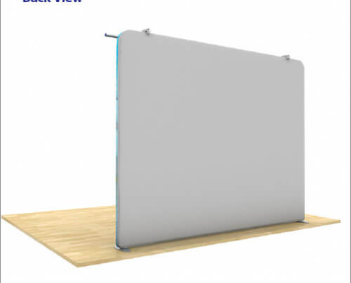 Back view of AirWall 8ft x 8ft tension fabric display with gray fabric, stabilizer feet, and LED light clips visible at top edge