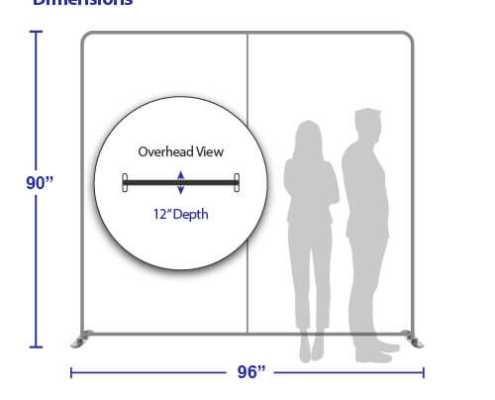 Dimensions for AirWall 8ft x 8ft straight tension fabric trade show display, showing labeled measurements of 96″ width, 90″ height, and 12″ depth, with scale comparison using average-height male and female silhouettes