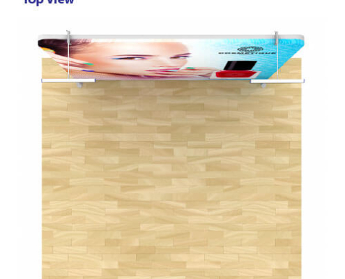 Top view of AirWall 8ft x 8ft straight tension fabric trade show display, fully assembled with LED lights and sample trade show graphic, placed in a 10ft x 10ft space with light wood flooring