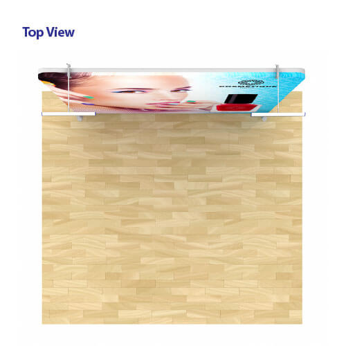Top view of AirWall 8ft x 8ft straight tension fabric trade show display, fully assembled with LED lights and sample trade show graphic, placed in a 10ft x 10ft space with light wood flooring