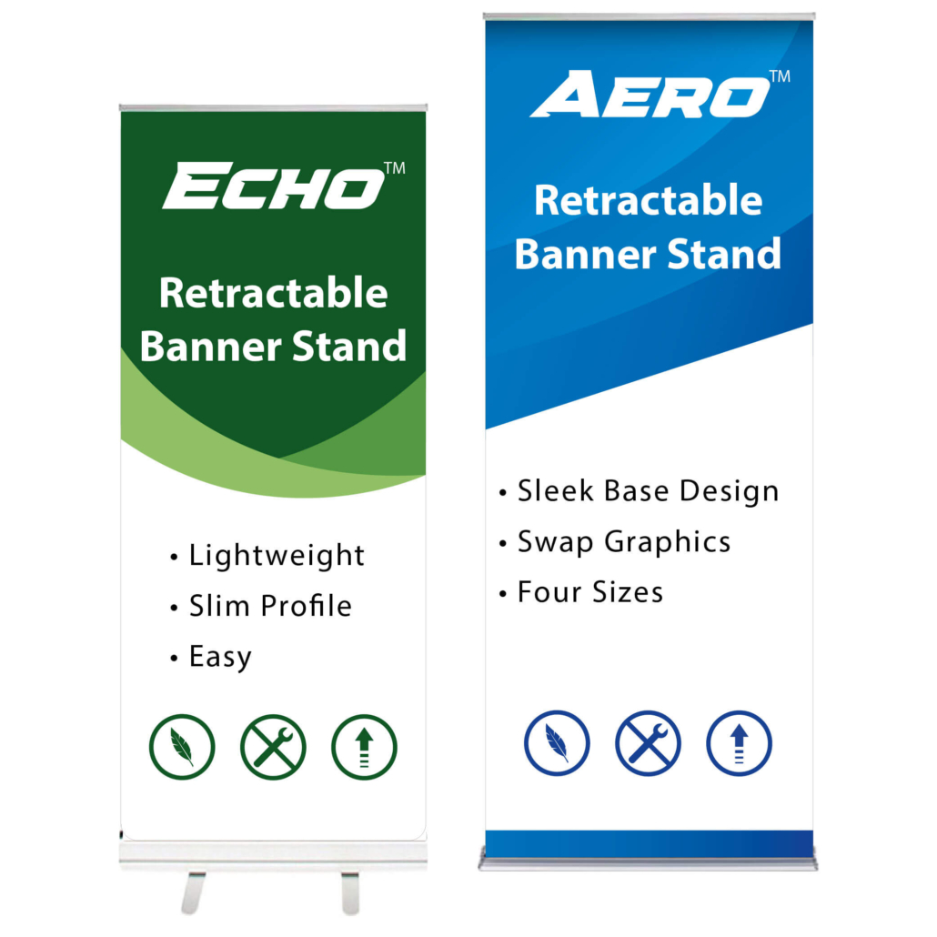 Two banner stand examples placed side by side, both full assembled with sample trade show graphics and silver bases visible