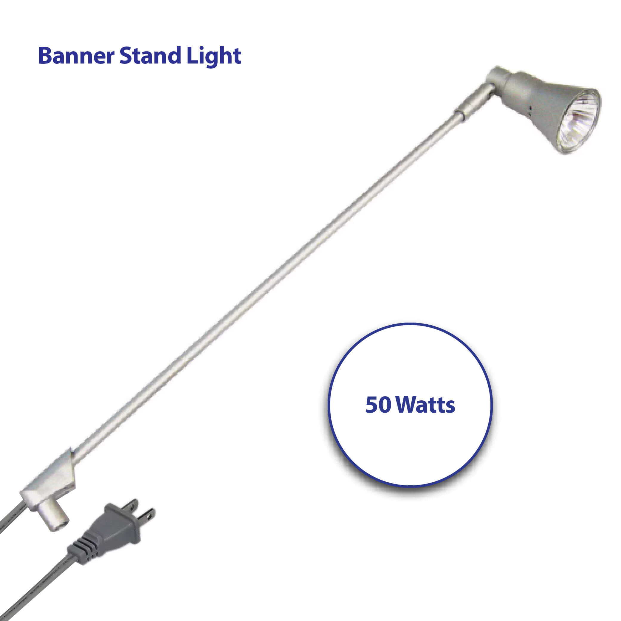 Silver banner stand light shown from the side with a long, slender arm, adjustable lamp head, visible power cord, and 50 watt label displayed in the image