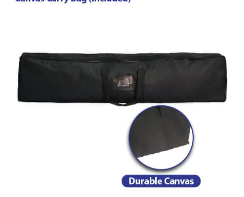 Black canvas carry bag for AirWall and AirStand tension fabric displays, shown zipped and lying flat with front handle and clear ID pocket visible, plus a separate close-up view of durable black canvas material
