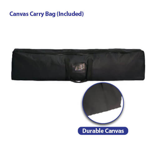 Black canvas carry bag for AirWall and AirStand tension fabric displays, shown zipped and lying flat with front handle and clear ID pocket visible, plus a separate close-up view of durable black canvas material