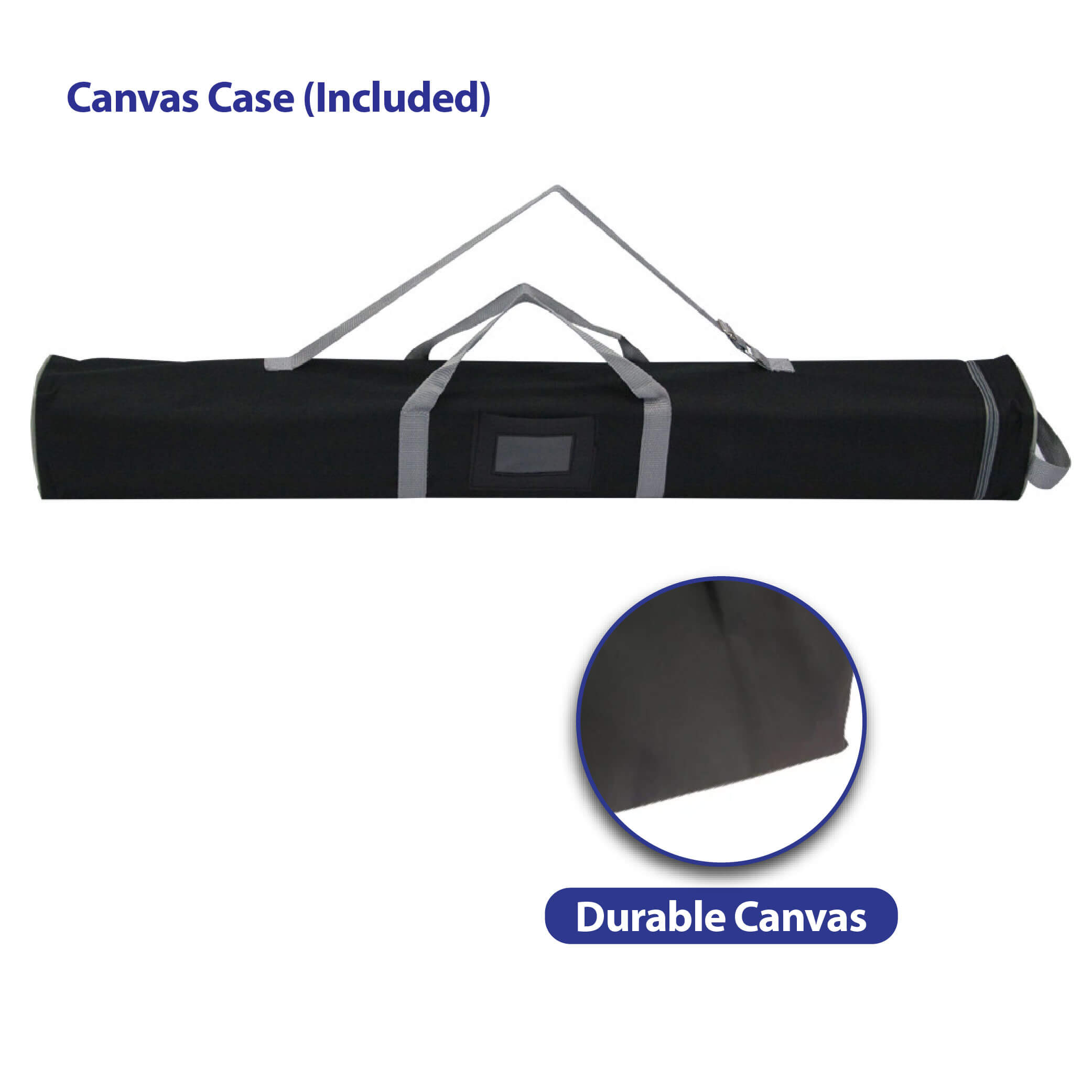 canvas-case-for-echo-retractable-bannerstand Black canvas carry case for the Echo Retractable Banner Stand, shown zipped and lying flat with front handle, shoulder strap, and clear ID pocket visible, plus close-up view of durable black canvas material.