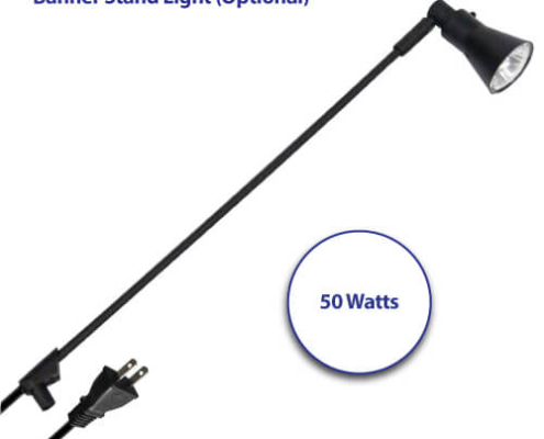 echo-banner-stand-light Black banner stand light shown from the side with a long, slender arm, adjustable lamp head, visible power cord, and 50 watt label displayed in the image