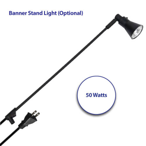 echo-banner-stand-light Black banner stand light shown from the side with a long, slender arm, adjustable lamp head, visible power cord, and 50 watt label displayed in the image