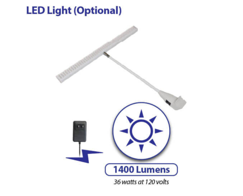 led-light Single white LED light for trade show displays, shown with power adapter, a 1400 lumens label, and a sun icon indicating brightness