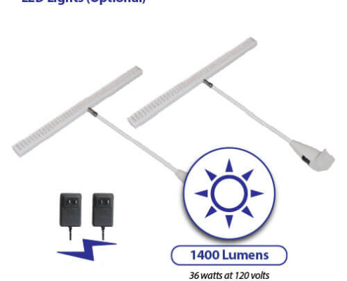 Set of two white LED lights for trade show displays, shown with included power adapters, 1400 lumens label, and a sun icon representing brightness
