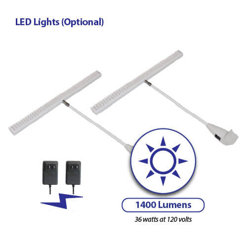 Set of two white LED lights for trade show displays, shown with included power adapters, 1400 lumens label, and a sun icon representing brightness