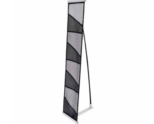 LiteRack Rollable Literature Holder in Black, shown fully assembled with four mesh fabric pockets and a curved black support pole, standing on a silver aluminum base.