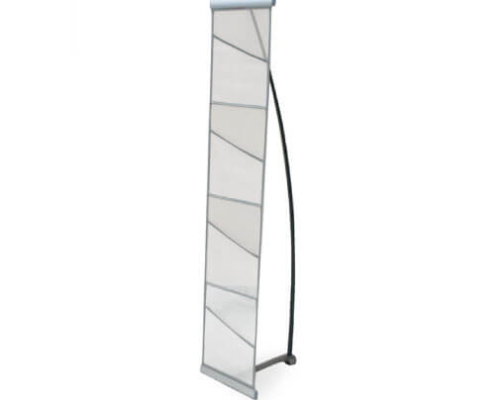 LiteRack Rollable Literature Holder in Silver, shown fully assembled with four mesh fabric pockets and a curved black support pole, standing on a silver aluminum base.