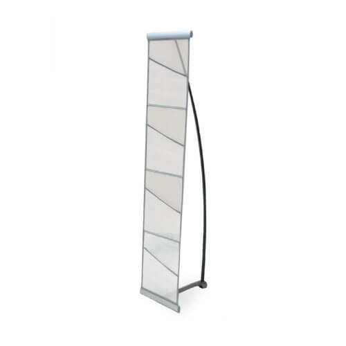 LiteRack Rollable Literature Holder in Silver, shown fully assembled with four mesh fabric pockets and a curved black support pole, standing on a silver aluminum base.