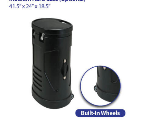 Black molded hard plastic case for trade show displays, shown upright with metal latches on lid and side handle visible, plus a separate close-up view of built-in wheels at base